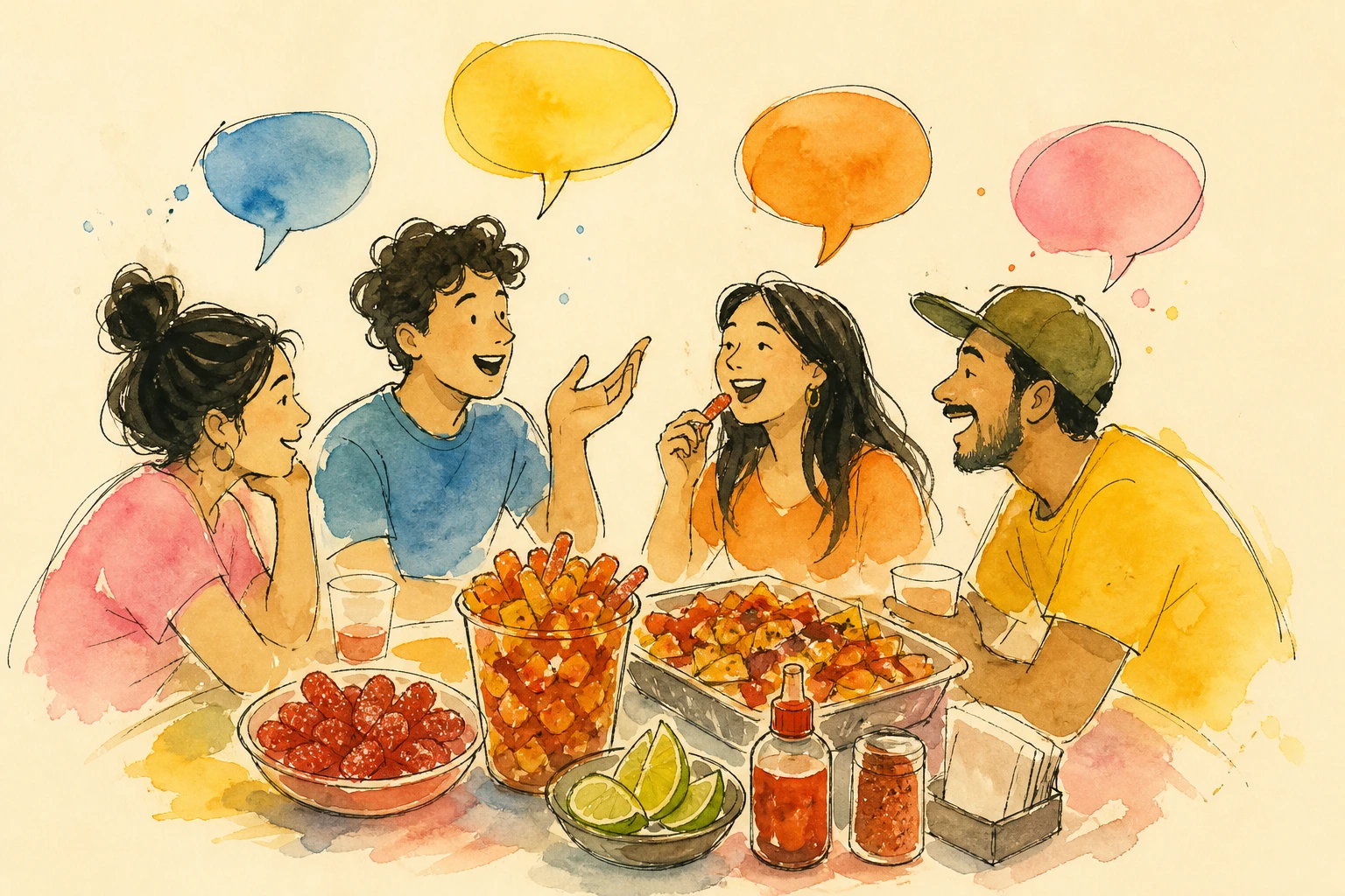 Ilustración de voces reales sobre botanas y marcas
